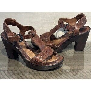 BORN Leather Sandals Heels Strappy Platform BOHO Brown Womens Size 7 buckle leat